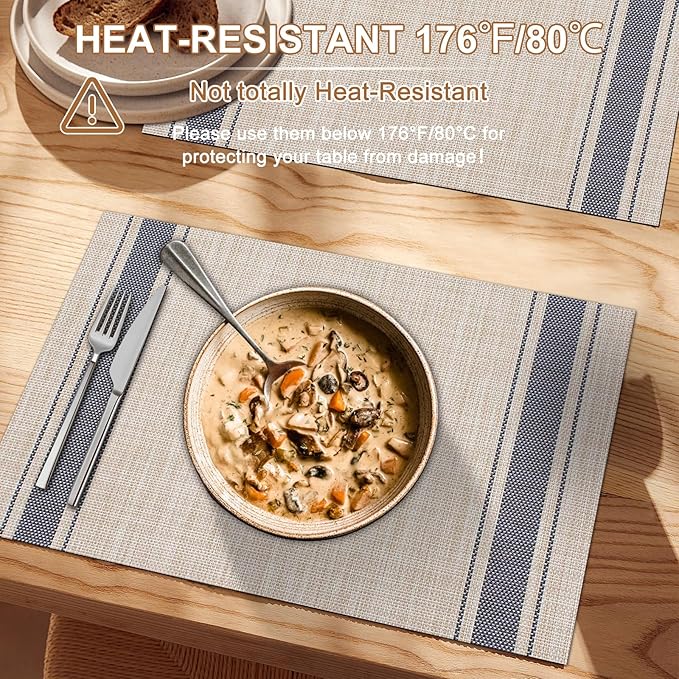 BETEAM Placemats Set of 6, Woven Vinyl Placemat for Dining Table Washable Wipeable Kitchen Place Mats Durable Indoor Outdoor Table Mats