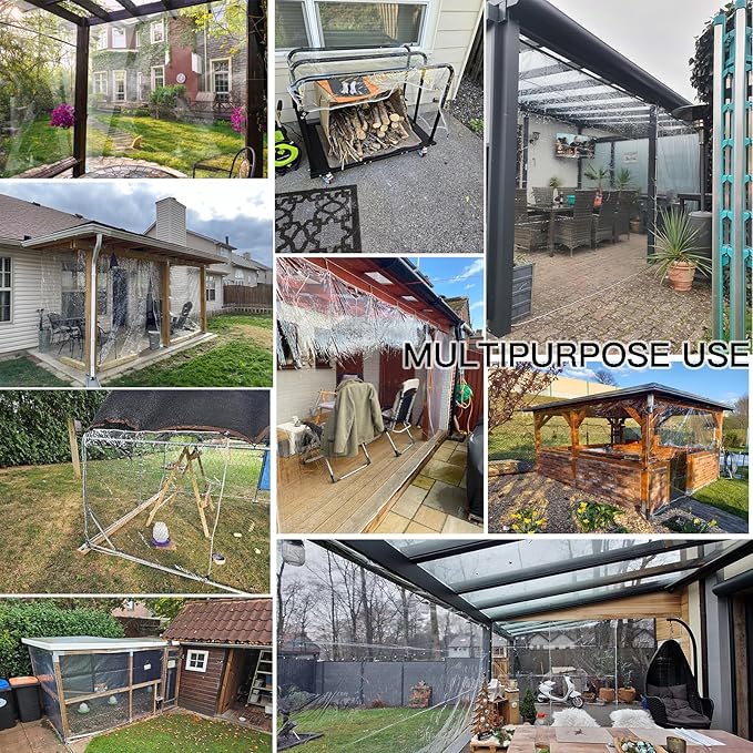 Clear Tarps Heavy Duty PVC, Transparent Tarp Durable Waterproof Dustproof Windproof, Tarpaulin with Grommets & Ropes for Greenhouse, Patio, Garden, Pavilion, Chicken, Porch, Outdoor（12' x 12'）