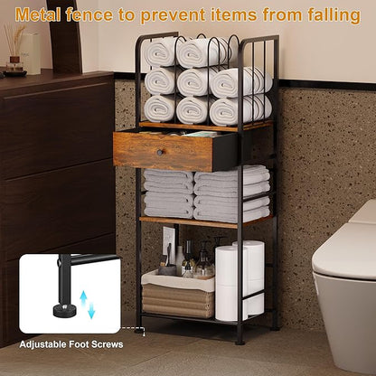 Towel Rack Free Standing 3-Tier with Drawer and M-Shaped Detachable Dividers,Towel Holder with Adjustable Shelf, Towel Organizer Space Saving for Bathroom and Poolside Patent Pending