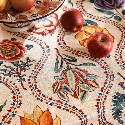Vintage French Rectangular Tablecloth,Linen Tablecloth with Rose and Cornflower Pattern,Decorative Table Cover for Kitchen,Dining,Thanksgiving,Tea Party,63" × 87"-Lanae