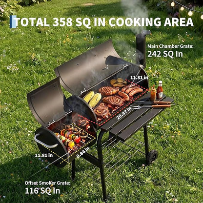 Garvee Charcoal Grills with Offset Smoker, Outdoor BBQ Grill with Handle and Wheels, Barrel Barbecure Smoker Grill Combo for Camping Picnic Patio Backyard Party