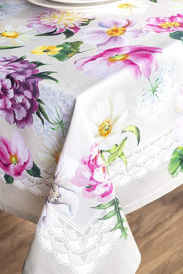 Maison d' Hermine Table Cloth Rectangle Table 100% Cotton 60 x 90 Inches Tablecloth Reusable Decorative Everyday Use for Dining Room, Farmhouse, Home, Party, Festive & Wedding Spring Summer - Pivoine