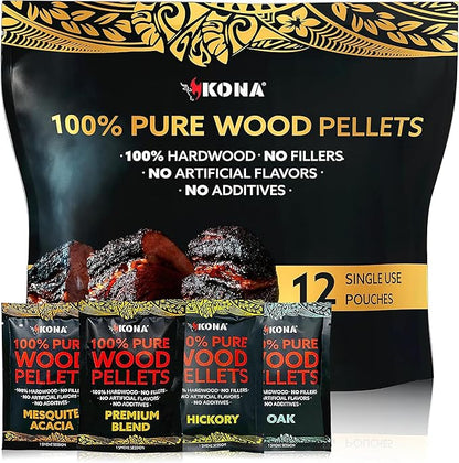 Kona Wood Pellets Intended for The Ninja Woodfire Grill, 12 Single-Use Pouches (4 Flavors)