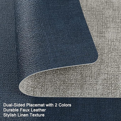 Myir JUN Placemats Dual Sided, Faux Leather Place Mats Indoor Set of 8 for Dining Table Non-Slip Washable Placemat Heat Resistant Outdoor Table Mats (Set of 8, Gray Blue)