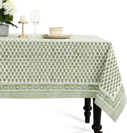 CPC Tablecloth 100% Cotton 72x140 Inch Indian Block Print Rectangle Table Cover, Green Table Cloth for Weddings, Spring/Summer, Barbeque - Emerald Green