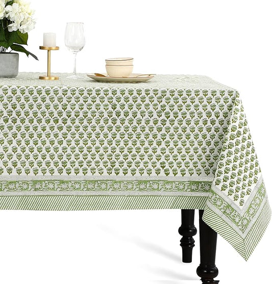 CPC Tablecloth 100% Cotton 72x140 Inch Indian Block Print Rectangle Table Cover, Green Table Cloth for Weddings, Spring/Summer, Barbeque - Emerald Green