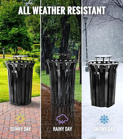 Alpine Industries 38 Gallon Commercial Outdoor Metal Trash Can with Liner, Flat Lid & Rain Bonnet