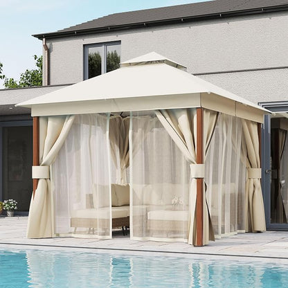 10'x10' Outdoor Gazebo, Wood Grain Frame Heavy Duty Patio Canopy Tent Shelter - Image 3