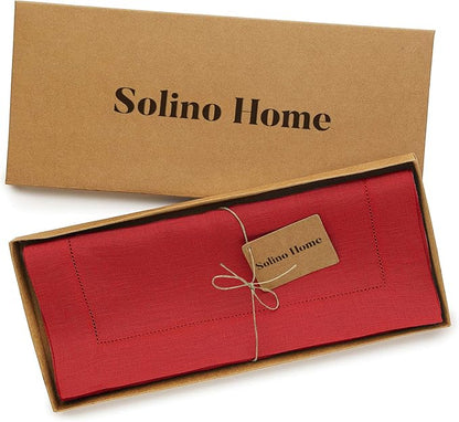 Solino Home Linen Red Table Runner 48 Inches - Classic Hemstitch, 100% Pure Linen Coffee Table Runner 14 x 48 Inch Ideal for Dresser Tables - Valentines, Winter