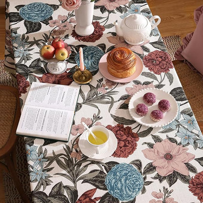 French Linen Tablecloth for Rectangle Table,Red and Blue Floral Durable Extra Long Tablecloths,Home Decor Table Cover for Kitchen,Dining,Thanksgiving,Farmhouse,67" × 118"-Burgundyred