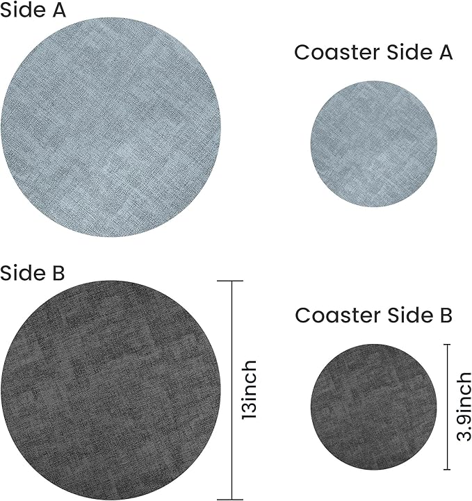 13-Inch Faux Leather Round Placemats Set of 12, Waterproof Anti-Slip Dual Sided Place mats, Heat Resistant Washable Table Mats with Coaster, Suitable for Indoor & Outdoor (12, Black Light Blue)