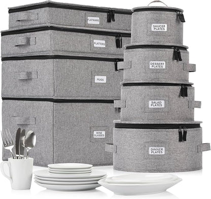8pcs Hard Shell China Dinnerware Storage Containers with Lid - Heavy Duty Mug, Wine Glass, Platter, Silverware and Plate Storage Box