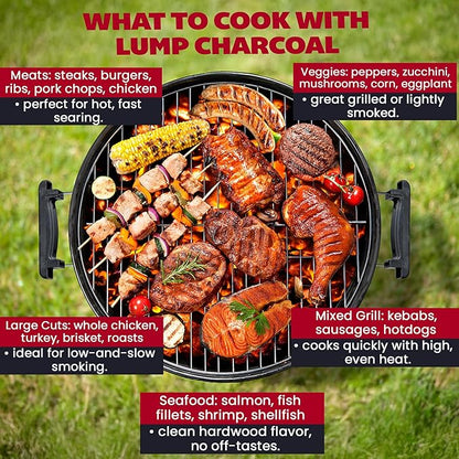 Rockwood Premium Hardwood Lump Charcoal – Oak, Hickory & Cherry Blend for Restaurant Quality Barbecue Smoking & Grilling – Smoky Flavor BBQ, Clean Burning for Kettle & Kamado Grills – 20lbs (4 Packs)