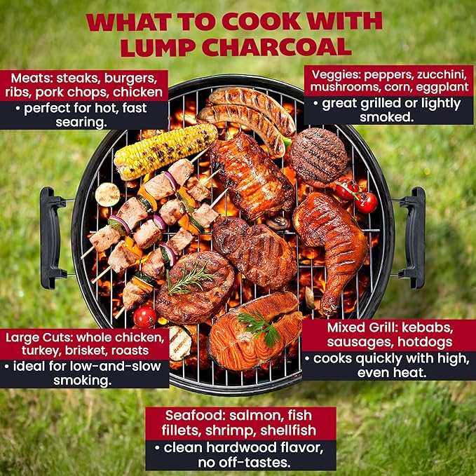 Rockwood Premium Hardwood Lump Charcoal – Oak, Hickory & Cherry Blend for Restaurant Quality Barbecue Smoking & Grilling – Smoky Flavor BBQ, Clean Burning for Kettle & Kamado Grills – 20lbs (1 Pack)