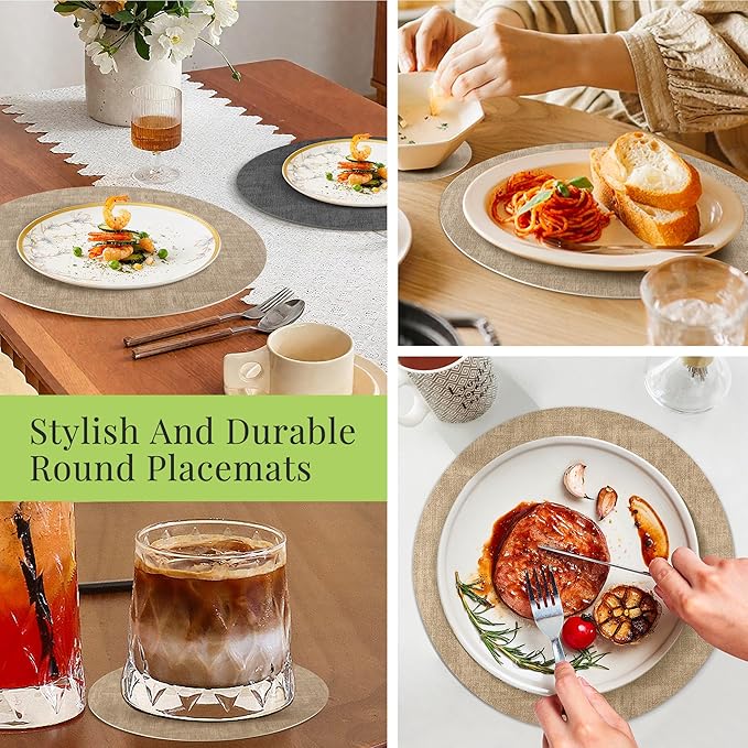 13-Inch Faux Leather Round Placemats Set of 8, Waterproof Anti-Slip Dual Sided Place mats, Heat Resistant Washable Table Mats with Coaster, Suitable for Indoor & Outdoor (8, Black Light Coffee)