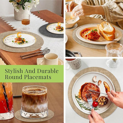 13-Inch Faux Leather Round Placemats Set of 12, Waterproof Anti-Slip Dual Sided Place mats, Heat Resistant Washable Table Mats with Coaster, Suitable for Indoor & Outdoor (12, Black Light Coffee)