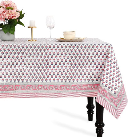 CPC Tablecloth 100% Cotton 60x90 Inch Indian Block Print Rectangle Table Cover, Washable Table Cloth for WeddingsSpring/Summer, Barbeque - Pink Sapphire