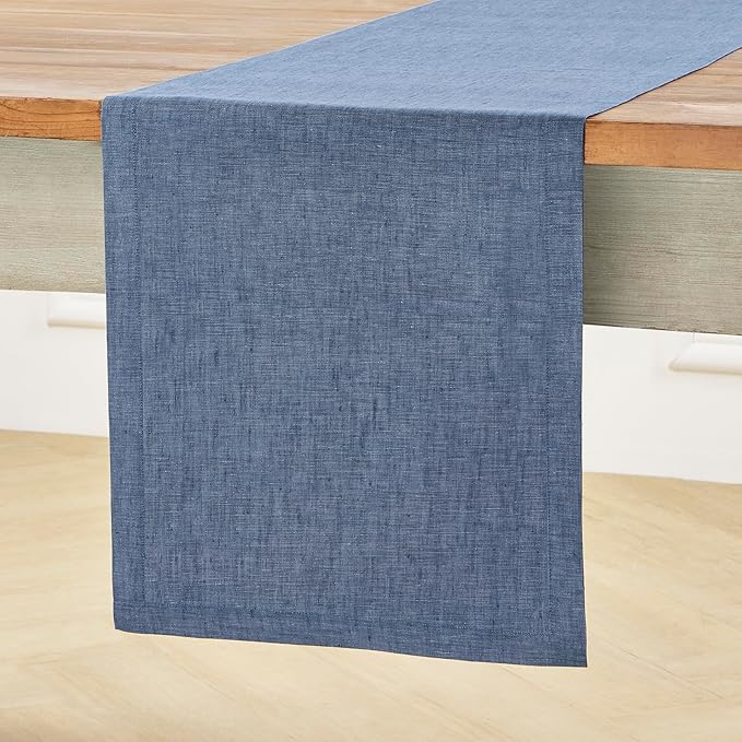Solino Home Linen Table Runner 132 Inches Long - Athena, 100% Pure Linen Blue Denim Dining Table Runner 14 x 132 Inch for Spring, Easter