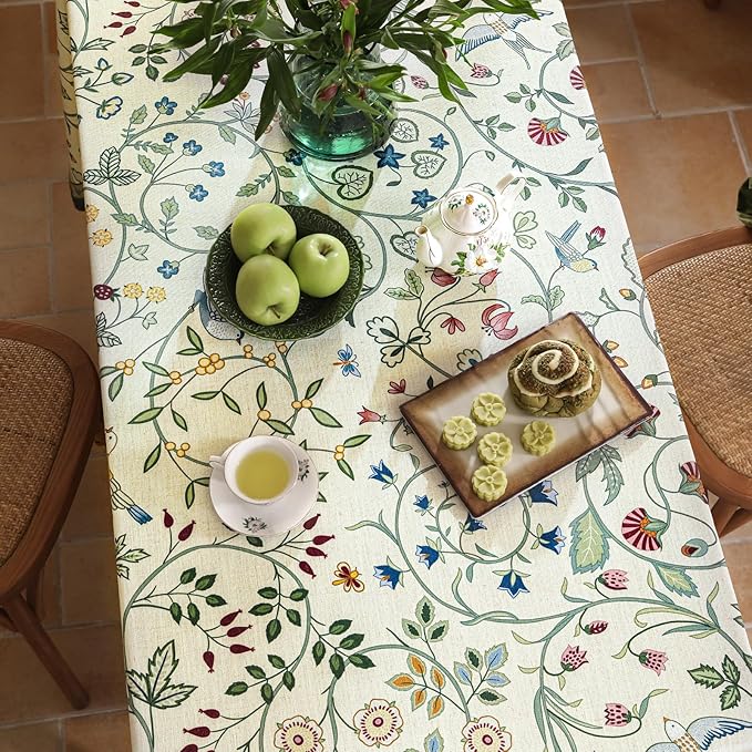 Linen Table Cloth Rectangle,Wrinkle Resistant French White and Green Tablecloth Print with Froal,Decor Stitch Table Cloth for Thanksgiving,Dining Room,Home,55" × 87"-Idaho A