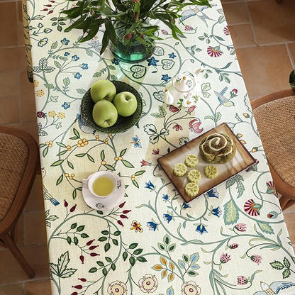 Linen Table Cloth Rectangle,Wrinkle Resistant French White and Green Tablecloth Print with Froal,Decor Stitch Table Cloth for Thanksgiving,Dining Room,Home,63" × 102"-Idaho A