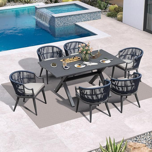 PURPLE LEAF 7 Pieces Outdoor Dining Set All Weather Wicker Patio Dining Set with Rectangular Aluminum Table and Modern Armrest Dining Chairs for Garden Deck Backyard Kitchen, Grey