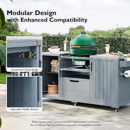 66.5" Outdoor Kitchen Island with Stainless Steel Top for Big Green Egg, Rolling Grill Cart with Adjustable Shelves, Lockable Wheels, Outdoor Table and Bar Storage Cabinet for Patio