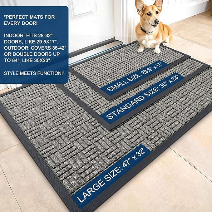 OLANLY Front Door Mat Outside Entrance 71x47, Absorbent, Heavy Duty Sturdy Natural Rubber Doormat Indoor Outdoor, Non-Slip, Stain and Fade Resistant, Low Profile Floor Mat for Entryway, Modern Gray