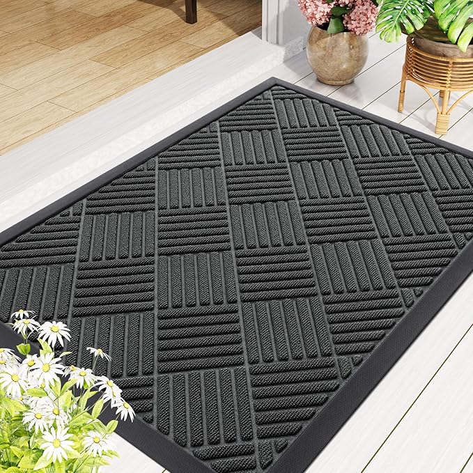 Smiry Front Door Mat Outside Entrance, Heavy Duty Outdoor Indoor Natural Rubber Doormat, Non Slip, Trap Dirt and Moisture, Easy Clean, Low Profile Patio Porch Entryway Mat, 59x23, Black
