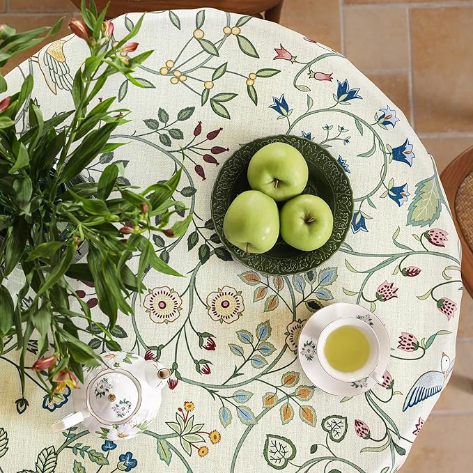 Linen 55 Inch Round Tablecloth,Wrinkle Resistant French White and Green Tablecloth Print with Froal,Decor Stitch Table Cloth for Thanksgiving,Dining Room,Home Diameter 55"-Idaho A
