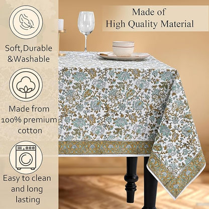 CPC Tablecloth 100% Cotton 60x60 Inch Indian Block Print Square Table Cover, Table Cloth for Weddings, Spring/Summer, Barbeque - Harvest Bloom