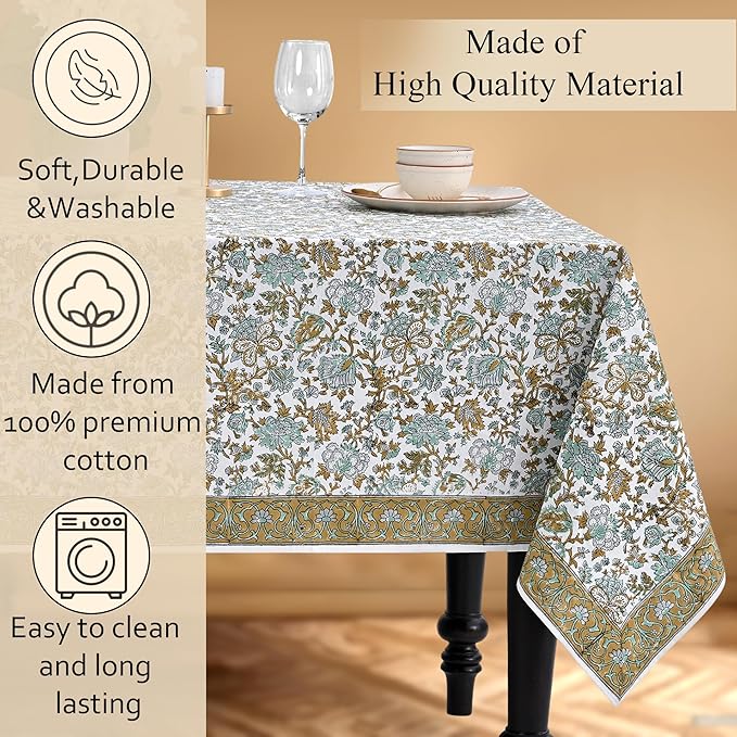 CPC Tablecloth 100% Cotton 70x108 Inch Indian Block Print Rectangle Table Cover, Blue Table Cloth for Weddings, Spring/Summer, Barbeque - Harvest Bloom