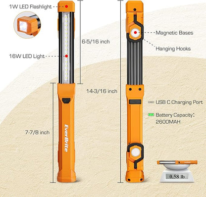 EverBrite 1000LM LED Work Light, Rechargeable Work Light for Mechanics with Dual Magnetic Bases&Hanging Hooks, 4 Lighting Modes, USB C Cable, Ideal Christmas Gift for Car Repair, Working, Pack of 2