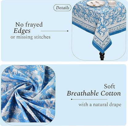 CPC Tablecloth 100% Cotton 70x108 Inch Indian Block Print Rectangle Table Cover, Washable Table Cloth for Weddings, Spring/Summer, Barbeque - Blue Sapphire