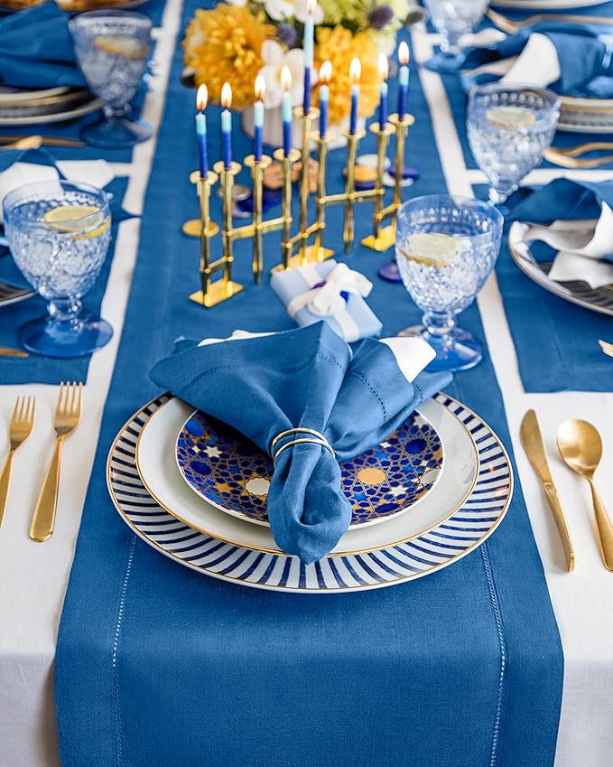Solino Home Linen Table Runner 36 Inches - 100% Pure Linen Indigo Blue Hemstitch Table Runner 14 x 36 Inch Ideal for Dresser and Coffee Tables - Spring, Easter - Classic Hemstitch