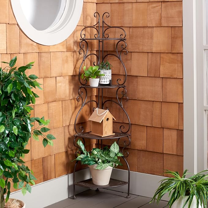 SAFAVIEH Outdoor Collection Turuca Rustic Brown Wrought Iron 4-Tier Corner Shelf - Image 2