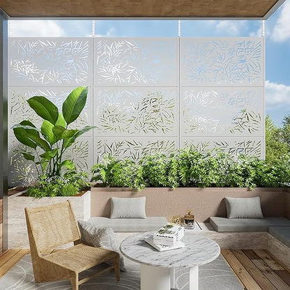 Casaphoria 72" H x 47" W Metal Outdoor Privacy Screen, Freestanding Decorative Divider for Patio, Deck, Balcony, and Garden with Stable Base, White Bamboo Leaves