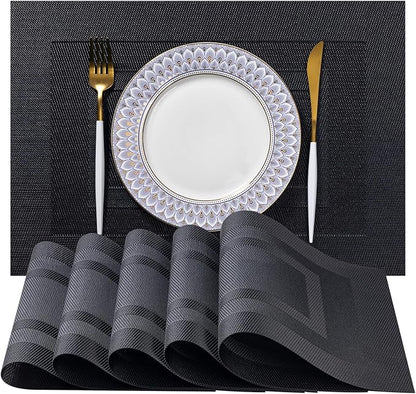 LEXMORE Placemats Set of 6 Vinyl/Plastic Woven Place Mats for Kitchen Table Indoor/Outdoor Washable Placemat Wipeable Dining Table Mats(Black Cube)
