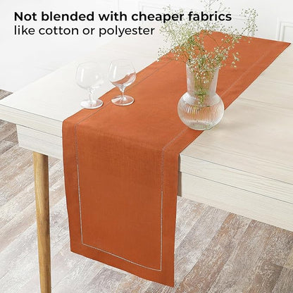 D'Moksha Homes Linen Rust Table Runner 60 Inches - Classic Hemstitch, 100% Pure Linen Coffee Table Runner 14 x 60 Inch Ideal for Dresser Tables - Spring, Easter