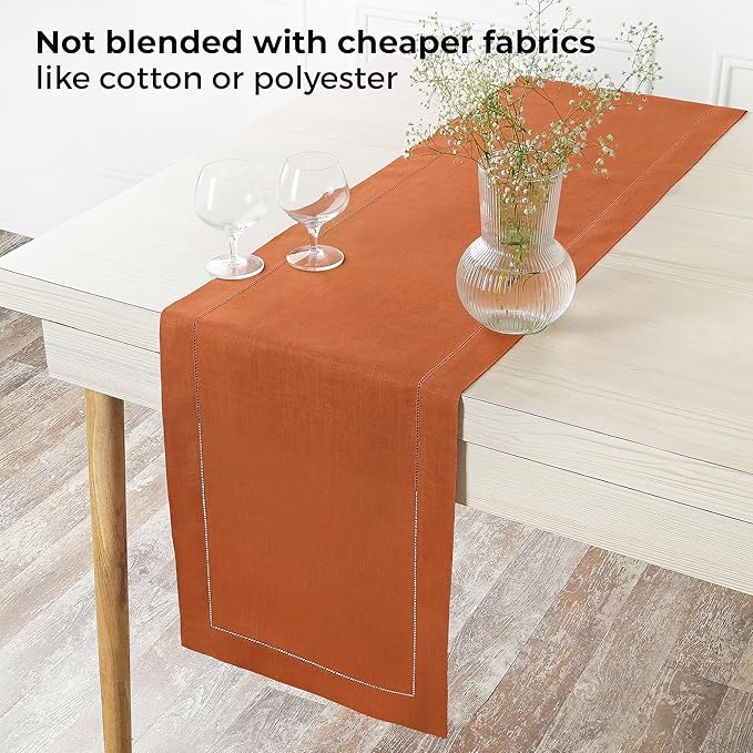 D'Moksha Homes Linen Rust Table Runner 108 Inches Long - 100% Pure Linen 14 x 108 Inch Table Runner for Spring, Easter - Classic Hemstitch