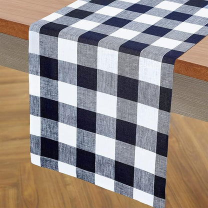 Solino Home Checkered Linen Table Runners 72 Inches Long - 100% Pure Linen Navy and White Buffalo Check Table Runner 14 x 72 Inch Ideal for Dresser, Dining, Winter
