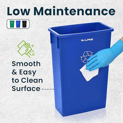 Alpine 23 Gallon Slim Recycling & Trash Bin Set – 3-Pack Blue/Black/Green Plastic Narrow Open-Top Garbage Cans for Office, Home, School & Commercial Use