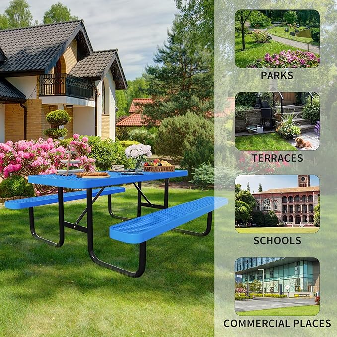 72'' Rectangular Steel Picnic Table for Outdoors,Commercial Metal Picnic Table Bench Set with Umbrella Hole,School Canteen Table W/Seats - Heavy Duty Sturdy Picnic Tables Furniture for Patio Garden