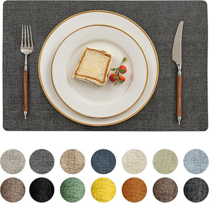Romanstile Vinyl Placemats Set of 4-12 X 17 Inch - Heat Resistant Place Mats 100% Waterproof Oilproof Wipeable Reversible Faux Leather Table Mats for Kitchen, Dining, Party, Outdoor, Charcoal
