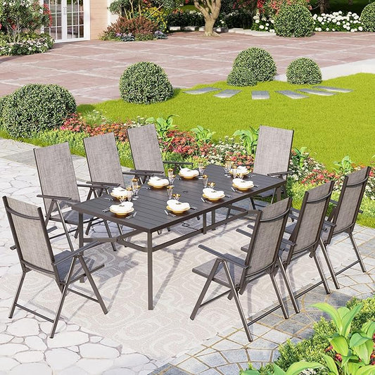 PHI VILLA 9 Piece Patio Dining Set, Patio Furniture Outdoor Dining Set with Adjustable Portable Patio Folding Chairs (Grey) & Large Patio Dining Table for Yard, Garden and Deck