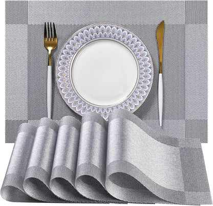 LEXMORE Placemats Set of 8 Vinyl/Plastic Woven Place Mats for Kitchen Table Indoor/Outdoor Washable Placemat Wipeable Dining Table Mats(Silver Cube)