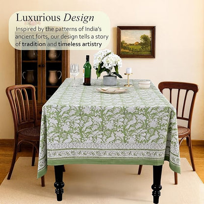 CPC Tablecloth 100% Cotton 60x60 Inch Indian Block Print Square Table Cover, Table Cloth for Weddings, Spring/Summer, Barbeque - Olive Green