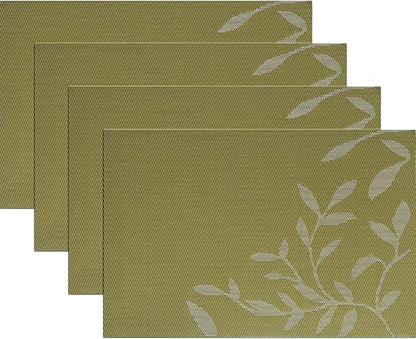 Leaf Placemats Set of 4, Non-Slip Heat-Resistant 18" x 12" Vinyl Washable Placemats for Kitchen Indoor Outdoor Party Birthdays Weddings Decoration (Green)