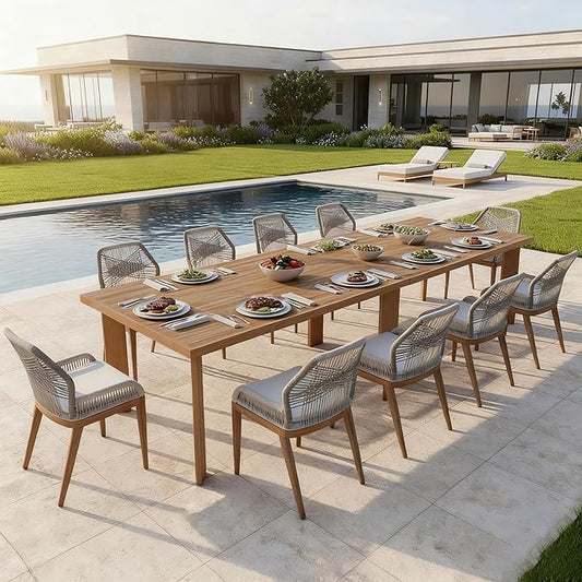 PURPLE LEAF 11 Pieces Patio Dining Set Aluminum Oversize Rectangular Table and Wicker Chairs with Cushions for Kitchen Porch Garden Modern Outdoor Furniture Sets, Teak