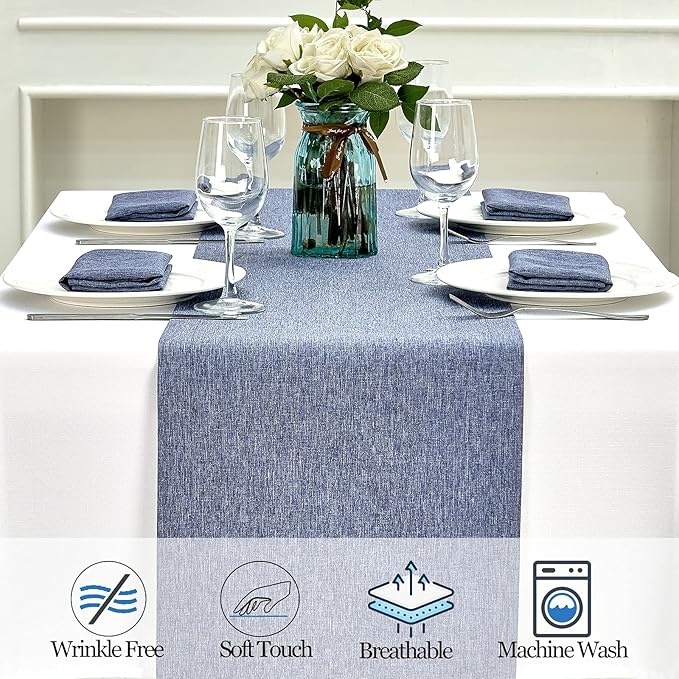 Mebakuk Linen Farmhouse Table Runner Large Burlap Style Soft and Waterproof Decorative Fabric Runner for Outdoor Wedding and Dinner (14 x 60 Inch, Denim Blue)