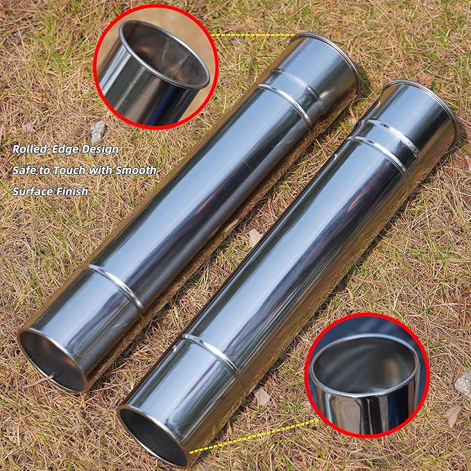 2-Pcs Heavy-Duty Stainless Steel Stove Pipes, 2.75-Inch Diameter, Reinforced Rolled-Edge, for CAMPJOURNEY Hot Tent Stoves & Camping Stoves (14.29-Inch Length)